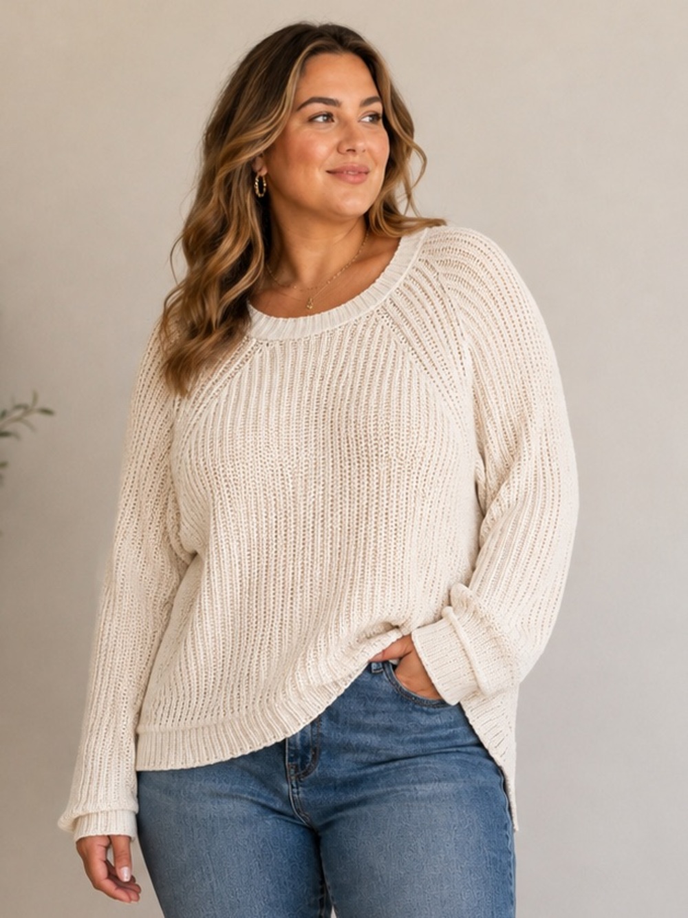 J.Crew 2X Cream Chunky Ribbed Knit Raglan Sweater